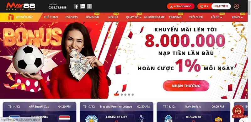 Chọn “Nạp tiền” may88