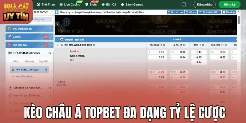 Kèo châu Á Topbet đa dạng tỷ lệ cược